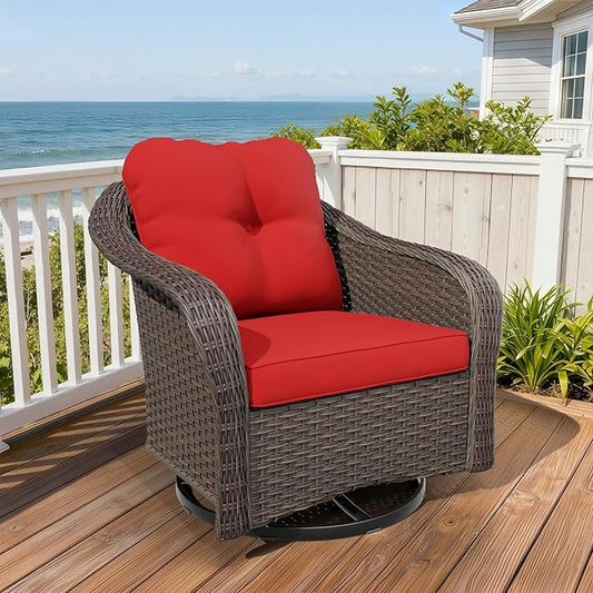 Outdoor Brown Wicker Swivel Rocking Chair - Red, 1PC, Alloy Steel Frame, 300 lbs Weight Capacity, Includes Water-Resistant Cushions