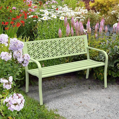 VINGLI 50" Outdoor Bench Metal with Floral Back, Garden Bench Front Porch Bench for Yard Patio Entryway Park Outside, 800lb Capacity - Green