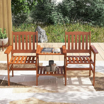 RELAX4LIFE Outdoor Loveseat with Built-in Table - Wood Patio Chairs w/Center Table & Umbrella Hole, 2-Person Garden Bench for Porch Deck Pool Balcony Backyard, 2-Seater Wooden Patio Furniture Set