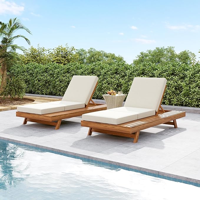 Merax Acacia Wood Chaise Lounge Chair Outdoor Set of 2, Patio Recliner with 4 Position Adjustable Backrest and 4" Thick Triple-fold Cushion