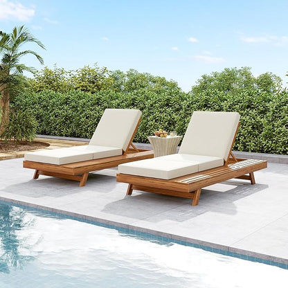 Merax Acacia Wood Chaise Lounge Chair Outdoor Set of 2, Patio Recliner with 4 Position Adjustable Backrest and 4" Thick Triple-fold Cushion