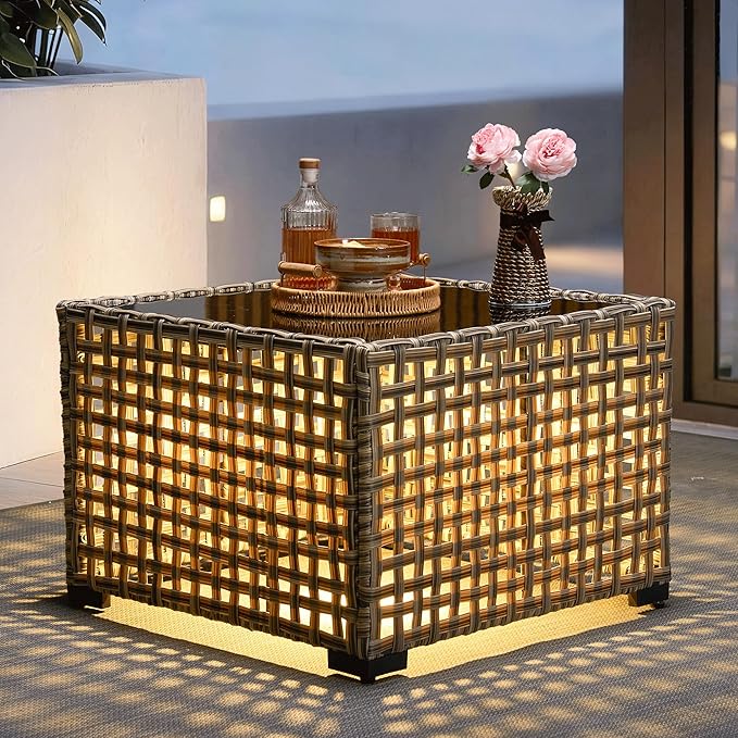 ovios Outdoor Side Table with Tempered Glass Top, Patio Wicker Solar Table - Photo 1