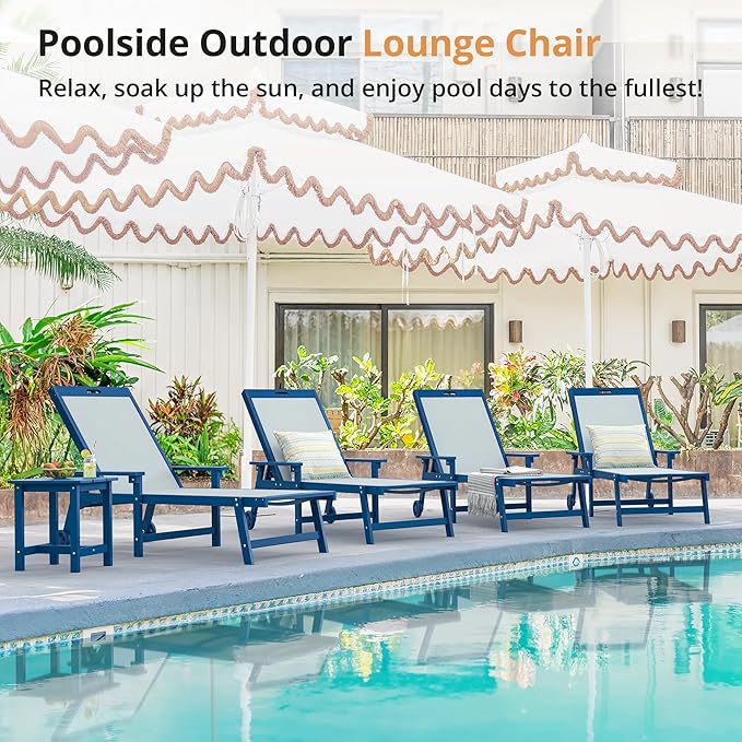 LUE BONA Chaise Lounge Chair Outdoor Set of 4, HDPS and HDPE Wicker Chaise Lounger with 5 Positions, Pool Lounge Chairs with Wheels and Adjustable Backrest for Patio, Poolside, Deck, Backyard