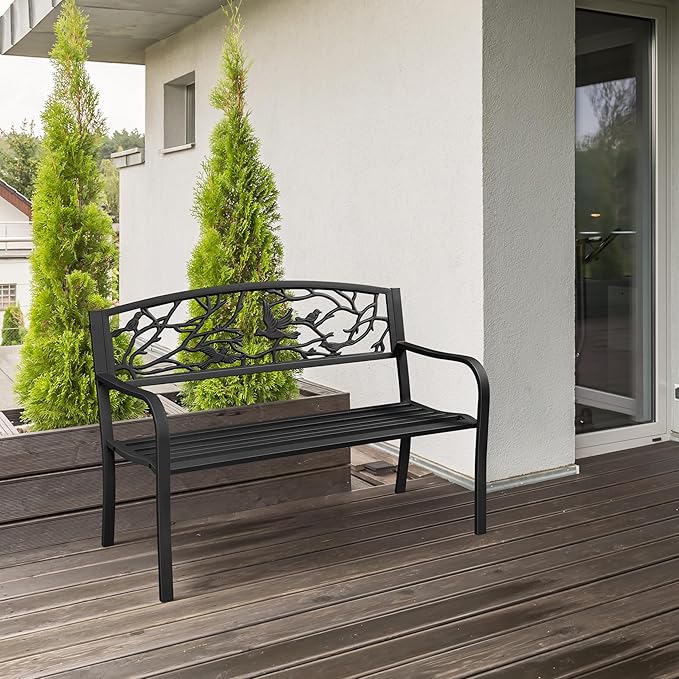 Yaheetech Outdoor Garden Bench Patio Furniture Chair Outdoor with Vintage Bird Pattern Backrest, Slatted Seat, Antique Metal Bench for Yard & Porch & Park, Black