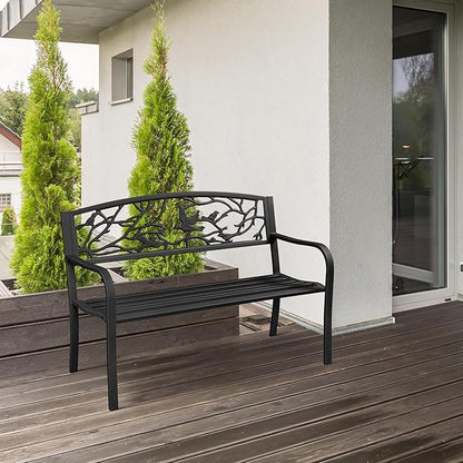 Yaheetech Outdoor Garden Bench Patio Furniture Chair Outdoor with Vintage Bird Pattern Backrest, Slatted Seat, Antique Metal Bench for Yard & Porch & Park, Black