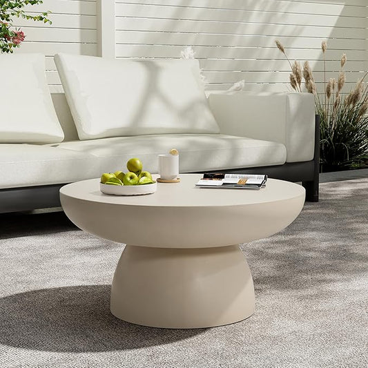 Christopher Knight Home Patsy Modern Lightweight Concrete Coffee Table, Indoor and Outdoor Round Top Accent Table, MGO Sofa End Table with Pedestal Base, No Assembly Needed, 27.5", Beige