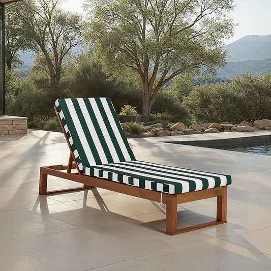 SAFAVIEH Outdoor Patio Furniture Collection - Sophie Natural Brown Solid Wood Chaise Lounge Chair, Adjustable Reclining, Hunter Green Stripe Cushion (PAT7101H)