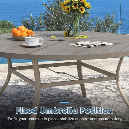 DIFY 63" Round Outdoor Patio Dining Table for 8-10, All-Weather Metal Steel Slatted Patio Table with 1.57" Adjustable Umbrella Hole for Garden, Backyard, Deck, Grey Wood-Like