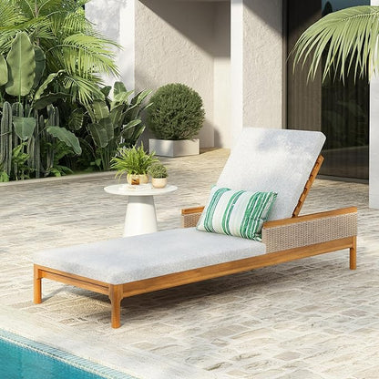 Christopher Knight Home Kanmy 76.8'' Acacia Wood Chaise Lounge Outdoor with Cushion, Patio Recliner Chair with 4-Position Adjustable Backrest, Sun Lounger with Wicker Accent, Light Grey + Natural