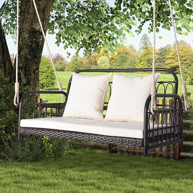 HAPPYGRILL Wicker Porch Swing, 2-Person Outdoor Patio Hanging Chair with Cushions, Metal Frame - Photo 3