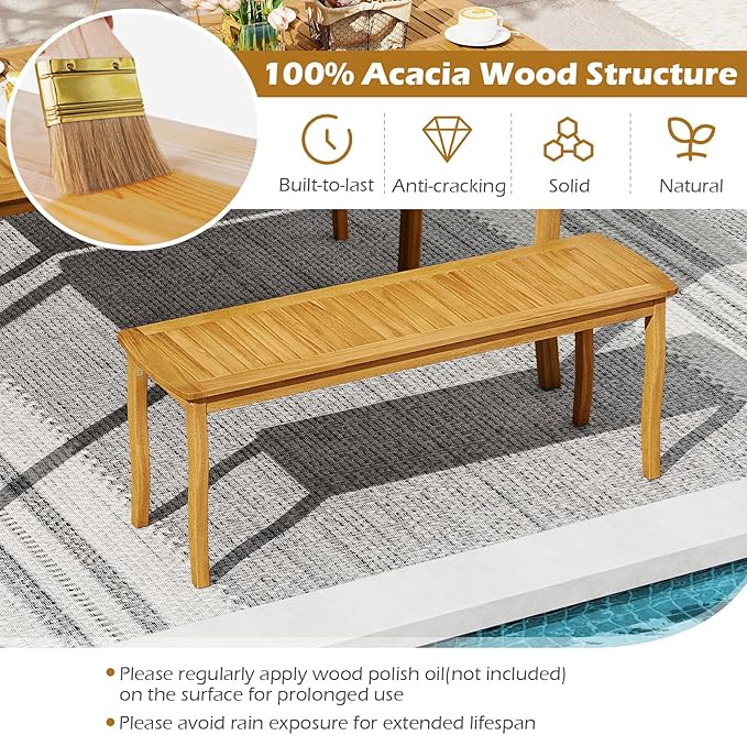 RELAX4LIFE 2-Person Patio Outdoor Bench - Acacia Wood 47’’ Long Backless Garden Bench w/Slatted Seat, Wooden Farmhouse Indoor Outside Dining Loveseat for Entryway Yard Porch Park, 800 LBS Max Load (1)