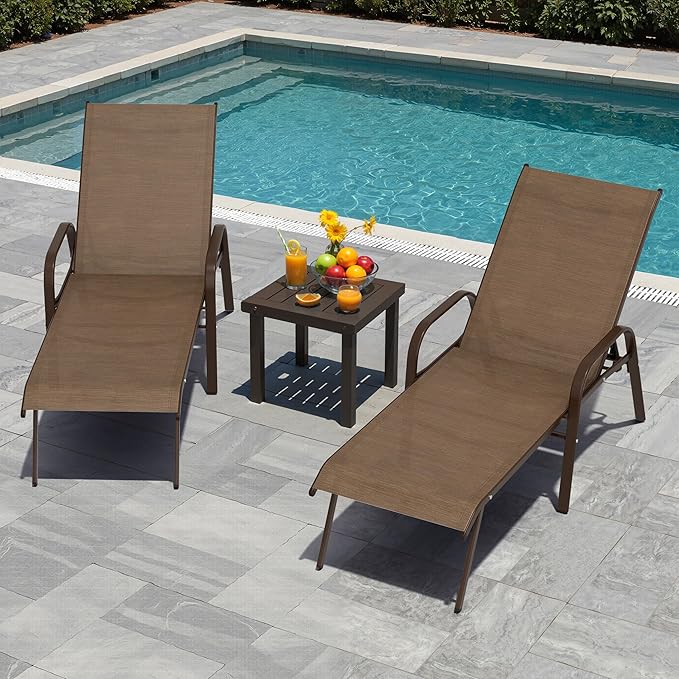 Crestlive Outdoor Chaise Lounge Chair,5-Position Pool Lounge Chairs with Armrests Sunbathing Recliner for Patio,Beach,Deck,Yard (2PC Brown)