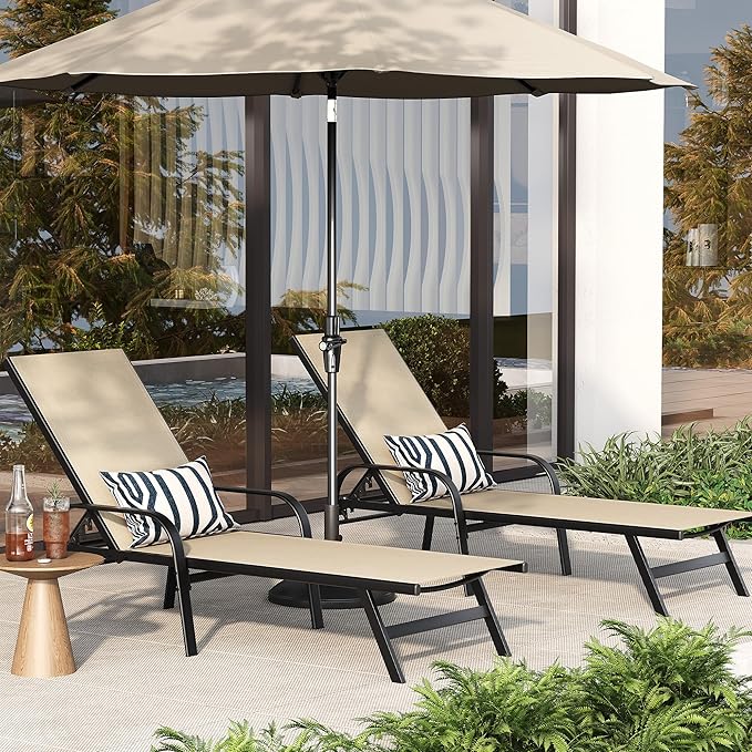 Outdoor Lounge Chair, Adjustable Patio Reclining Chaise with Textilene Fabric, Pool Lounge Chair with 5-Position Backrest for Patio, Garden, Poolside & Balcony,Khaki Set of 8