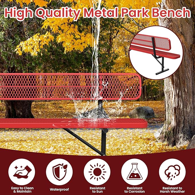 8FT Park Bench for Outside Heavy Duty Metal Mesh Bench with Back Portable Frame, Commercial Steel Bench Outdoor Garden Benches for Lawn, Park, Deck, Garden, Patio, Porch (Red, 8FT)
