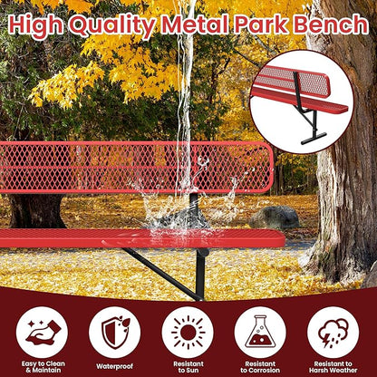 8FT Park Bench for Outside Heavy Duty Metal Mesh Bench with Back Portable Frame, Commercial Steel Bench Outdoor Garden Benches for Lawn, Park, Deck, Garden, Patio, Porch (Red, 8FT)