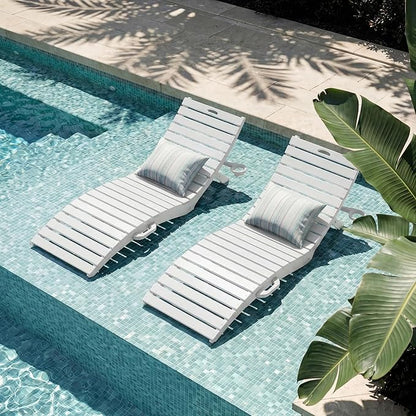 in-Pool Lounge Chairs Set of 2, Folding HDPE Pool Chairs Anti-Floating No Sandbags with Cup Holder & Handles, Outdoor Chaise Lounge for Poolside, Patio & Sun Deck(White)