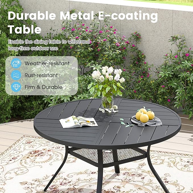 Patio Dining Table for 4-6, Round Metal Outdoor Table with Storage Shelf, 1.57" Umbrella Hole, 47" Outdoor Quartered Tabletop Dining Table for Backyard, Porch, Lawn, Black