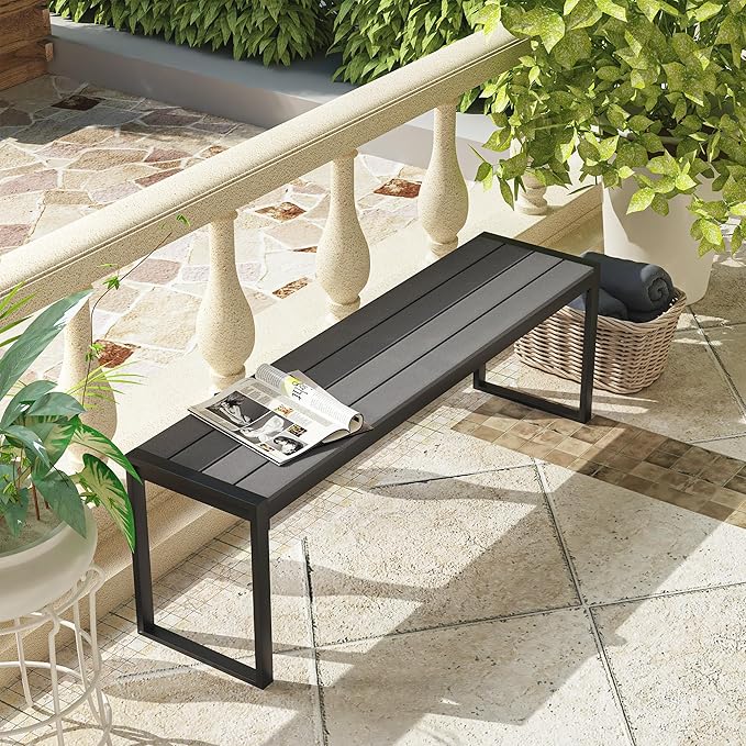 VICLLAX Garden Bench, 2 Pieces Outdoor Patio Wooden Bench with Weather-Resistant Steel Metal Frame, Patio Seating for Front Porch Backyard Park Outside, Dark Grey