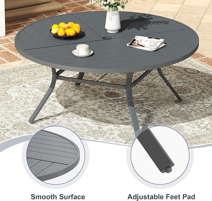 VICLLAX 63" Round Patio Dining Table for 8-10, All Weather Metal Outdoor Table with 1.57" Umbrella Hole and Surdy Frame for Garden Lawn Deck, Dark Grey