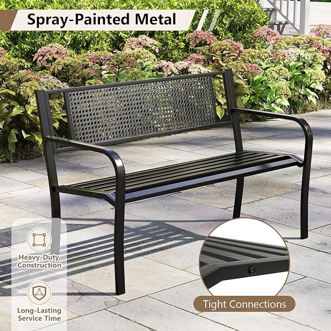 Tangkula Metal Patio Park Bench, 50 Inches Outdoor Garden Bench with Patterned Backrest and Curved Armrests, 2-3-Person Patio Bench, Outdoor Metal Loveseat Chair for Porch, Lawn, Park
