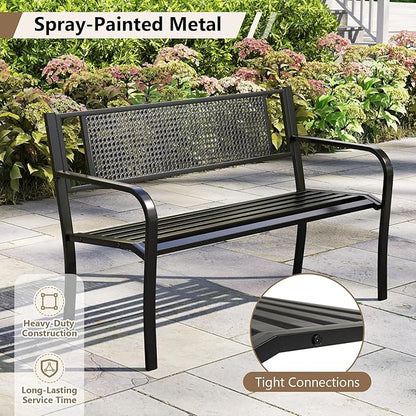 Tangkula Metal Patio Park Bench, 50 Inches Outdoor Garden Bench with Patterned Backrest and Curved Armrests, 2-3-Person Patio Bench, Outdoor Metal Loveseat Chair for Porch, Lawn, Park