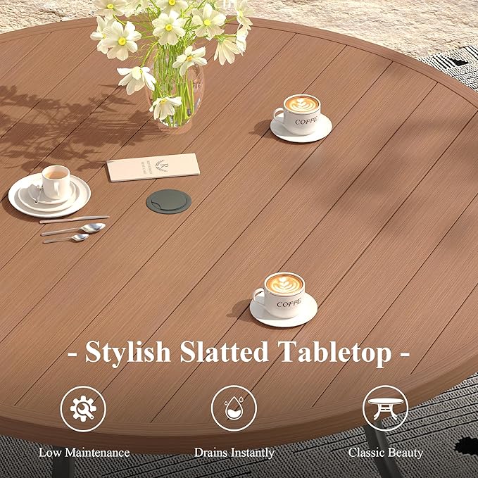 Outdoor Dining Table for 8, 60" Round Outdoor Table with Adjustable Umbrella Hole, All-Weather Metal Patio Dining Table for Lawn Garden Backyard Deck, Walnut