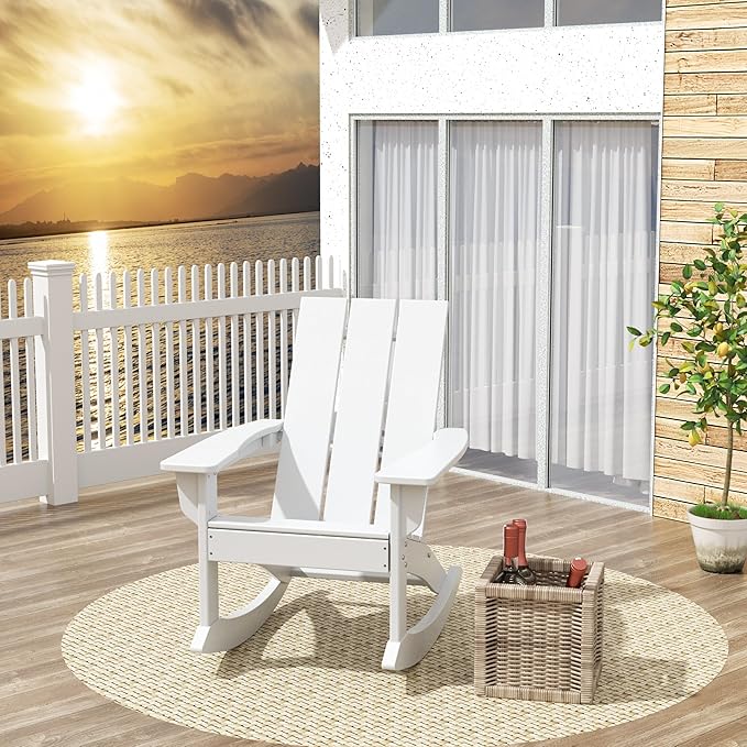 Costaelm Outdoor Adirondack Chair, All Weather Resistant Lawn Chairs Balcony Chair and Fire Pit Chairs, Patio Chair Outdoor Porch Rocking Chair High Back HDPE Poly Lumber, White