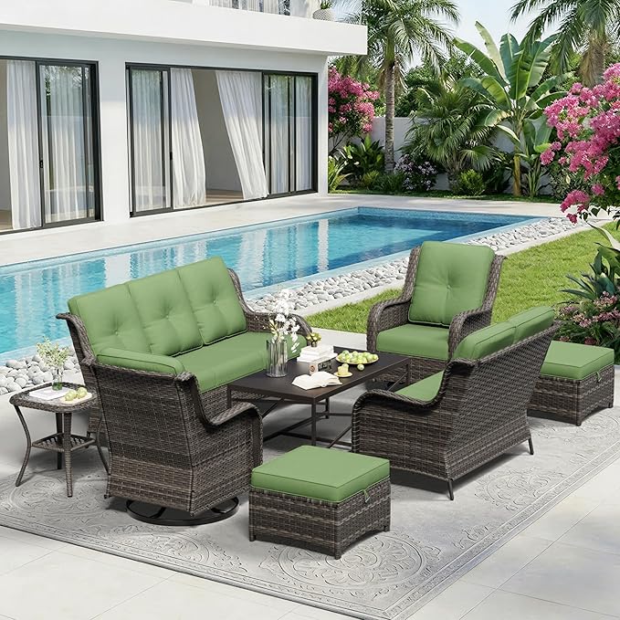 8 Piece Outdoor Wicker Patio Furniture Set, Outdoor Swivel Rocker Patio Chairs Set with Thickened Olefin Cushions, High Back and Deep Seating, Hand-Woven PE Rattan for Porch, Deck