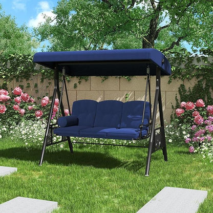 AECOJOY Outdoor Porch Swing, 3-Seat Porch Swing with Adjustable Canopy, Outdoor Swings for Adult with Dark Blue Removable Cushions for Backyard, Garden, Yard, Poolside, Balcony