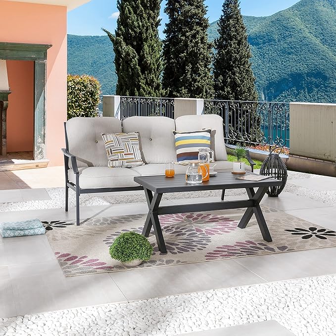 LOKATSE HOME Outdoor Patio Cushioned Loveseat 3 Seats Sofa Bench with Metal Coffee Table, Beige