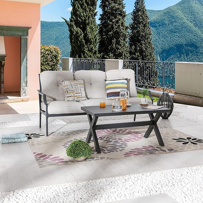LOKATSE HOME Outdoor Patio Cushioned Loveseat 3 Seats Sofa Bench with Metal Coffee Table, Beige