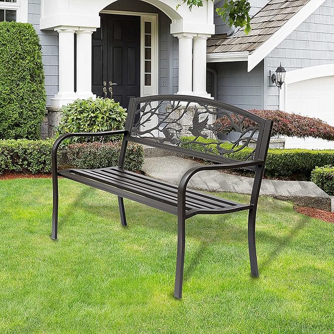 Outsunny 50" Garden Bench, Outdoor Patio Bench with Animal Pattern, Cast Steel Metal Bench for Yard, Lawn, Porch, Brown