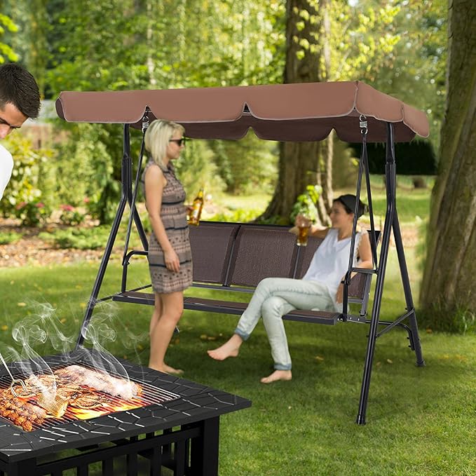 Yaheetech Outdoor Porch Swing Chair for Adults, 3-Seat Patio Hanging Swing w/Adjustable Canopy, Armrests - Photo 2