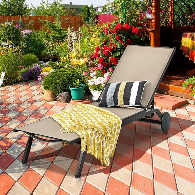 Giantex Lounge Chairs for Outside Patio Chaise Lounges Aluminum Recliner W/Adjustable 6 Backrest Positions and Wheels - Photo 8