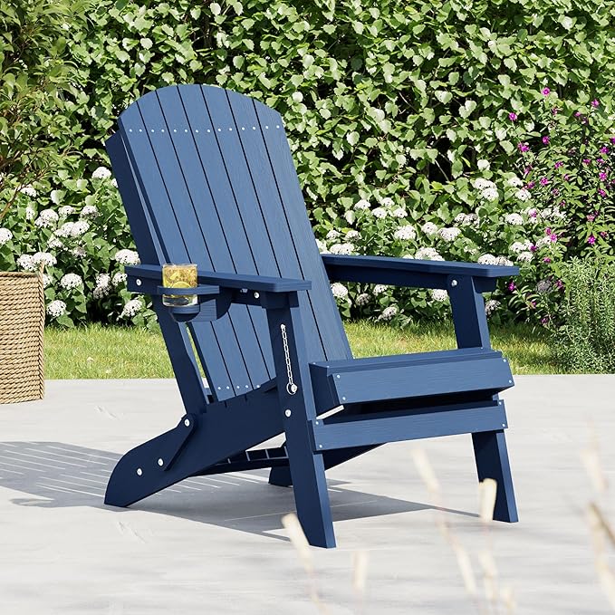 HDPE Foldable Adirondack Outdoor Chair with Cup Holder, Weather Resistant Heavy-Duty Patio Chair for Patio, Backyard, Deck, Fire Pit, Lawn and Porch, Navy Blue