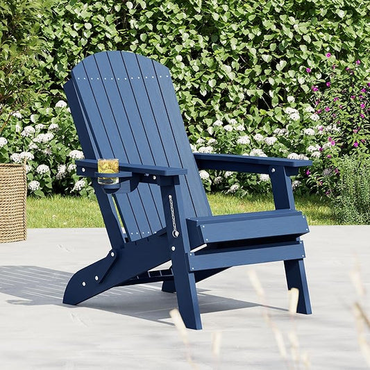 HDPE Foldable Adirondack Outdoor Chair with Cup Holder, Weather Resistant Heavy-Duty Patio Chair for Patio, Backyard, Deck, Fire Pit, Lawn and Porch, Navy Blue