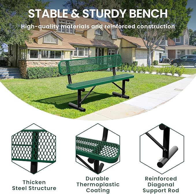 6 Feet Steel Park Bench for Outside, Outdoor Bench with Backrest & Portable Frame, Commercial Benches for Shopping Malls, Stores, Parks, Patios, Decks, Green