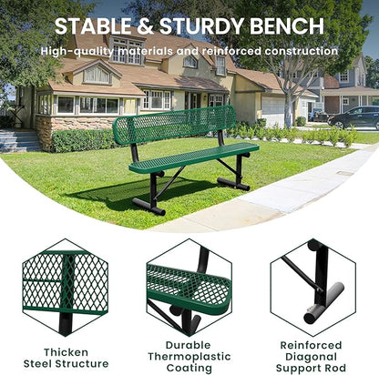 6 Feet Steel Park Bench for Outside, Outdoor Bench with Backrest & Portable Frame, Commercial Benches for Shopping Malls, Stores, Parks, Patios, Decks, Green
