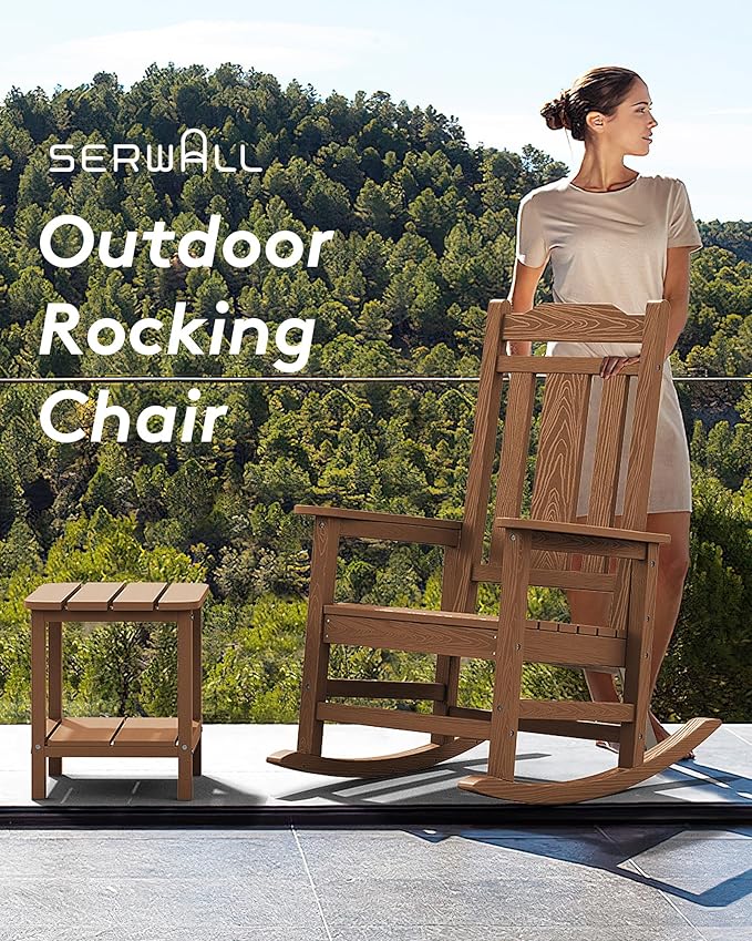 SERWALL HDPE Outdoor Rocking Chair Brown Set of 8, All Weather Patio Rocking Chair, Poly Rocking Chair for Adults