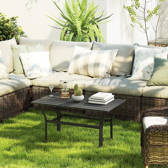 Outsunny Outdoor Coffee Table, All-Weather Rectangle Metal Patio Coffee Table with Slatted Tabletop for Outside, Patio, Garden, Balcony, Backyard, Black