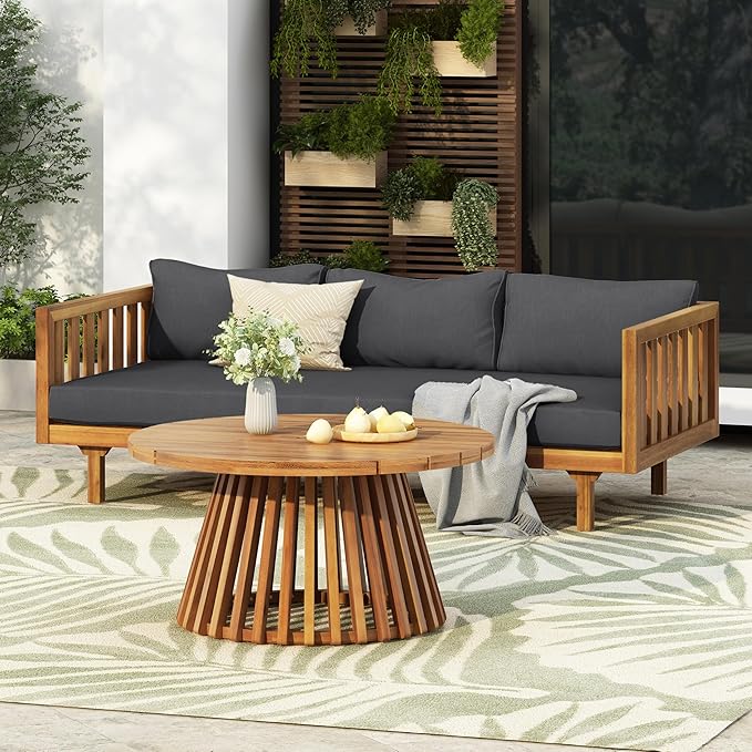 Merax Outdoor Acacia Wood Conversation Set - Patio 3-Seat Loveseat Sofa w/Coushion and Round Coffee Table for Backyard - Photo 1