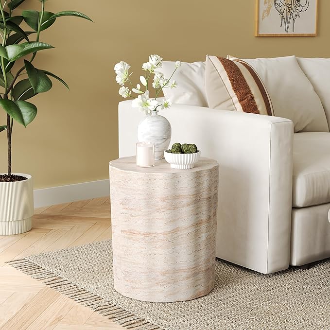 Christopher Knight Home Jaym 18.00" H Indoor Outdoor Accent Side Table, Patio Decorative End Table, Wave Cylinder Lightweight Concrete Garden Stool for Patio Balcony & Garden Decor, Travertine