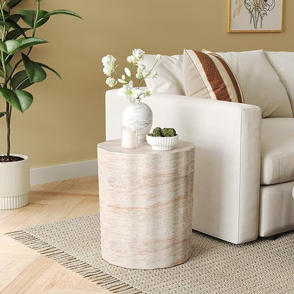 Christopher Knight Home Jaym 18.00" H Indoor Outdoor Accent Side Table, Patio Decorative End Table, Wave Cylinder Lightweight Concrete Garden Stool for Patio Balcony & Garden Decor, Travertine