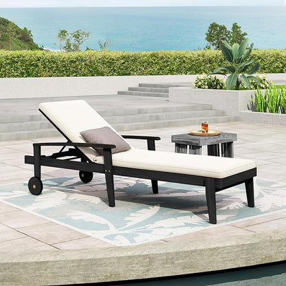 Christopher Knight Home Outdoor Chaise Lounge, Acacia Wood Adjustable Chaise Lounge, 5-Position Backrest Recliner, Soft Cushion Lounge, Flat Tanning Chair with wheel for Backyard, Balcony, Black White