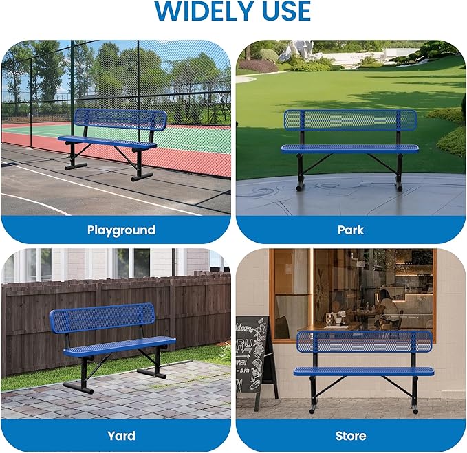 6 Feet Steel Park Bench for Outside, Outdoor Bench with Backrest & Portable Frame, Commercial Benches for Shopping Malls, Stores, Parks, Patios, Decks, Dark Blue