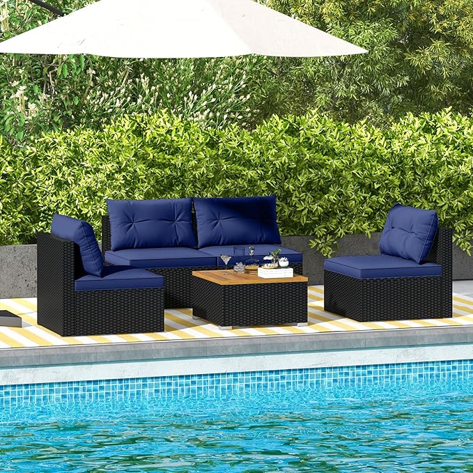 Tangkula 5 Piece Rattan Sofa Set, Outdoor Wicker Furniture Set w/Seat & Back Cushions, Square Coffee Table - Photo 3