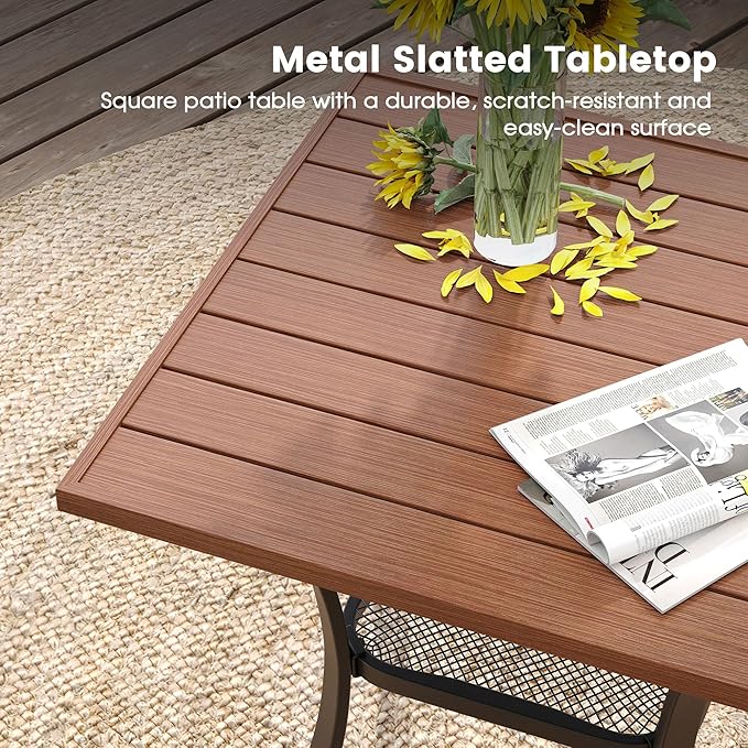 DIFY 27.6" Square Patio Dining Table, Walnut Small Outdoor Bistro Table with Rust Resistant Metal Frame, Ideal for Lawn, Backyard and Deck