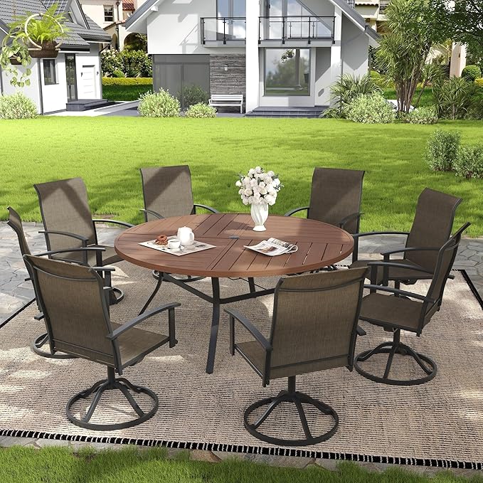 VICLLAX 63" Round Patio Dining Table for 8-10, All Weather Metal Outdoor Table with 1.57" Umbrella Hole and Surdy Frame for Garden Lawn Deck, Walnut
