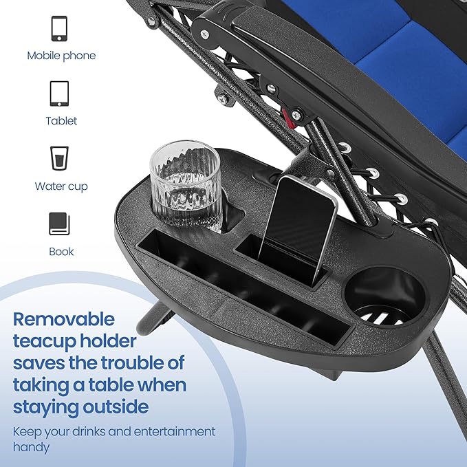 Yaheetech Padded Zero Gravity Recliner, Foldable Outdoor Patio Chairs, Adjustable Anti Gravity Lounger for Backyard Camping w/Carry Strap, Cup Holder, Pillow Navy Blue/Black Set of 2