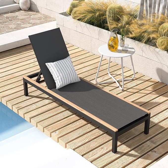 Grand patio Outdoor Chaise Lounge Mesh Sling Lounge Chair with Woodgrain Texture, Portable Wheels 4 Adjustable Reclining Backrest Positions for Beach Poolside, Black